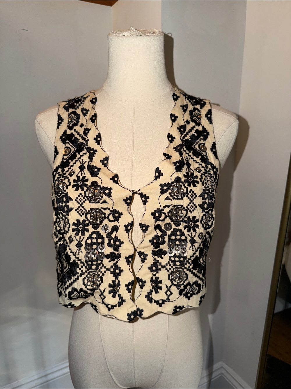 Free People Cream and Black Embroidered Cropped Vest